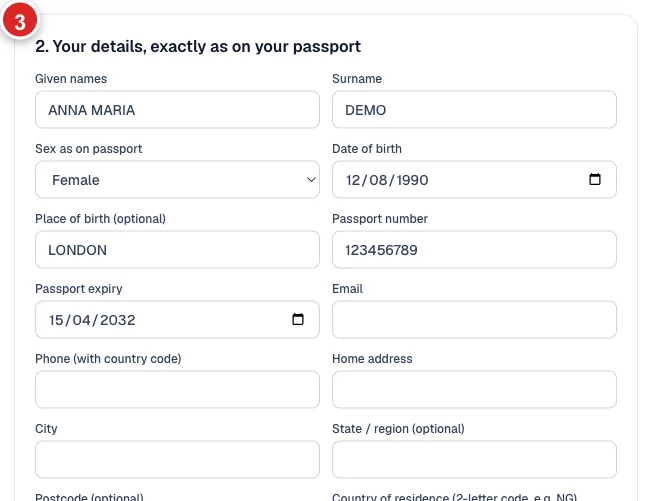 Passport details filled in from the photo, ready to check