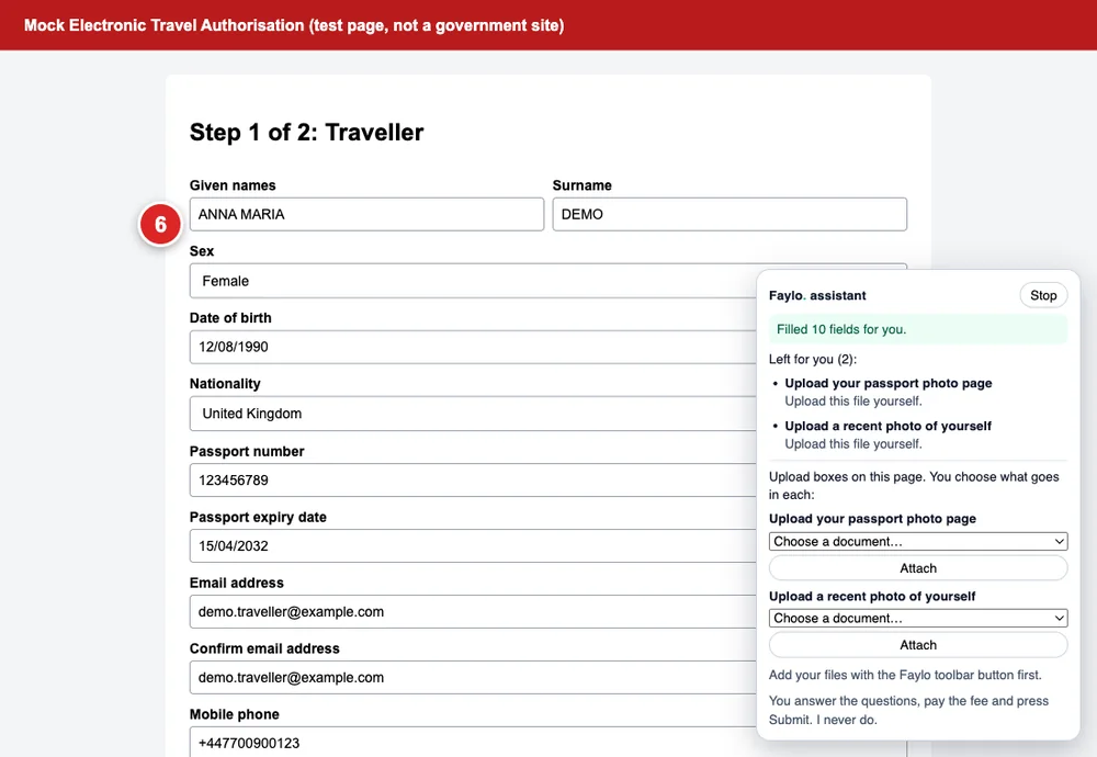 A form with the traveller's details filled in and the Faylo assistant panel