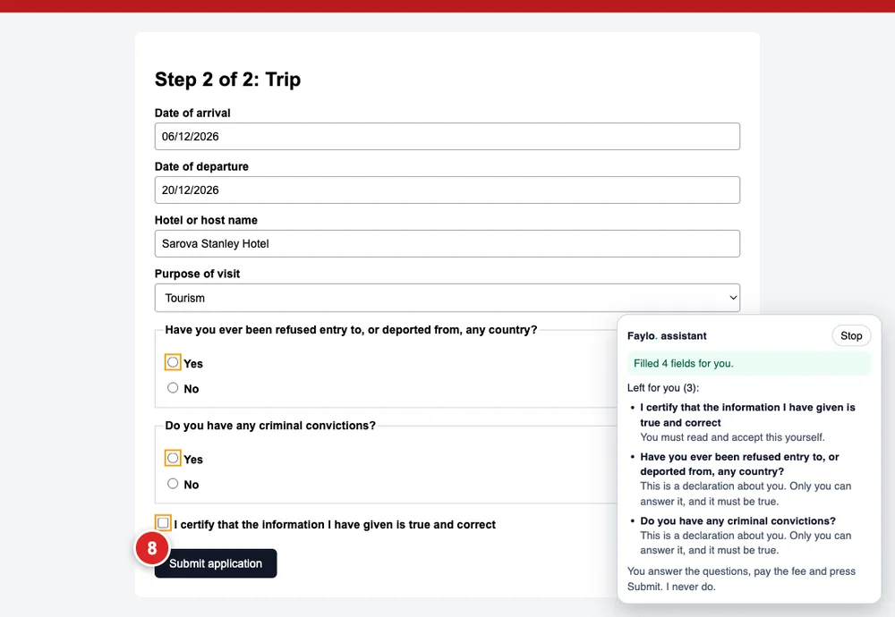 The Submit application button, to be pressed by the traveller